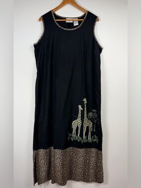 Vtg Studio Ease Linen Blend Midi Dress 18W Safari Giraffe Print Leopard *FLAW*